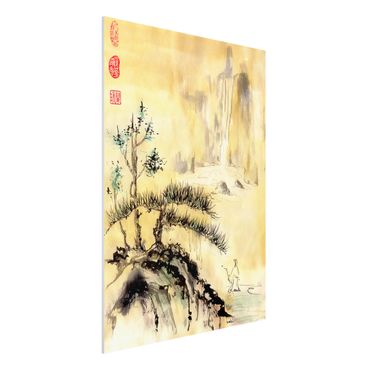 Forex schilderijen Japanese Watercolour Drawing Cedars And Mountains