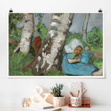 Posters Paula Modersohn-Becker - Child with Doll Sitting on a Birch Trunk