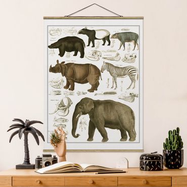 Stoffen schilderij met posterlijst Vintage Board Elephant, Zebra And Rhino