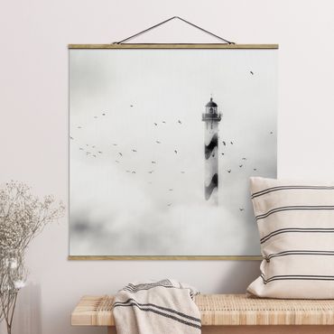 Stoffen schilderij met posterlijst Lighthouse In The Fog