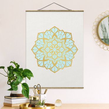 Stoffen schilderij met posterlijst Mandala Illustration Flower Light Blue Gold