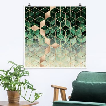 Posters Green Leaves Golden Geometry