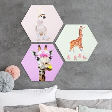Hexagons Forex schilderijen - 3-delig Giraffes And Kakadu Sport Set I