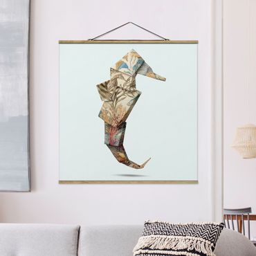 Stoffen schilderij met posterlijst Origami Seahorse