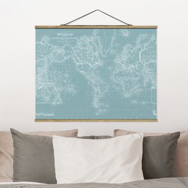 Stoffen schilderij met posterlijst World Map In Ice Blue