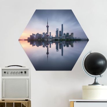 Hexagons Aluminium Dibond schilderijen Shanghai Skyline Morning Mood