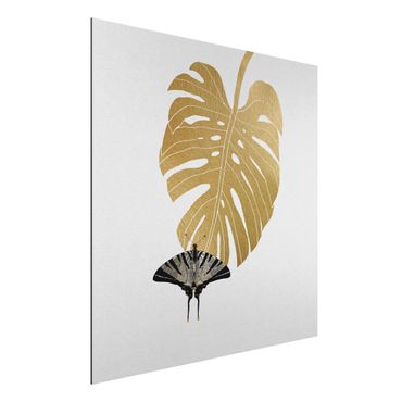 Aluminium Dibond schilderijen Golden Monstera With Butterfly