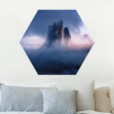Hexagons Aluminium Dibond schilderijen Three Peaks In Blue Light