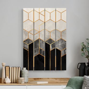 Houten schilderijen op plank Golden Hexagons Black And White