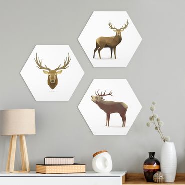 Hexagons Aluminium Dibond schilderijen - 3-delig Poligon Deer Collection