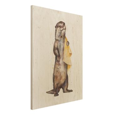 Houten schilderijen Illustration Otter With Towel Painting White