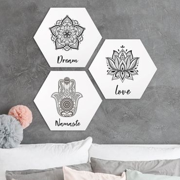 Hexagons Forex schilderijen - 3-delig Mandala Namaste Lotus Set Black White