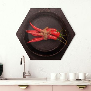 Hexagons Aluminium Dibond schilderijen Red Chili Bundles In Pan On Slate