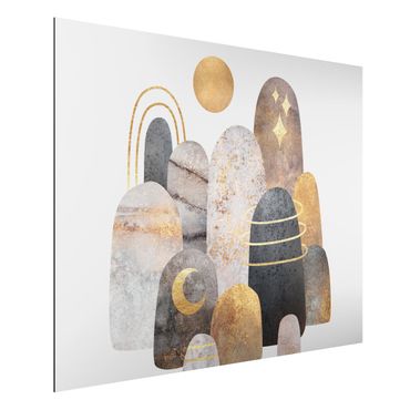 Aluminium Dibond schilderijen Golden Mountain With Moon