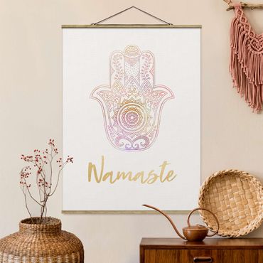 Stoffen schilderij met posterlijst Hamsa Hand Illustration Namaste Gold Light Pink