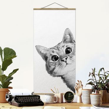 Stoffen schilderij met posterlijst Illustration Cat Drawing Black And White