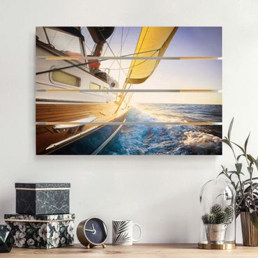 Houten schilderijen op plank Sailboat On Blue Ocean In Sunshine