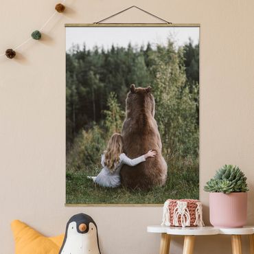 Stoffen schilderij met posterlijst Girl With Brown Bear