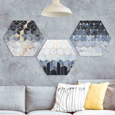 Hexagons Aluminium Dibond schilderijen - 3-delig Blue White Golden Hexagons Set