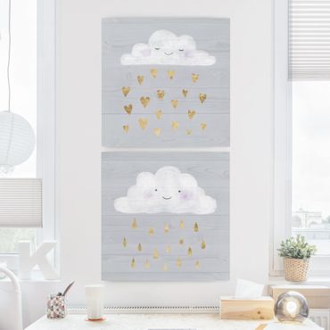Canvas schilderijen - 2-delig  Clouds With Golden Heart And Drops Set I