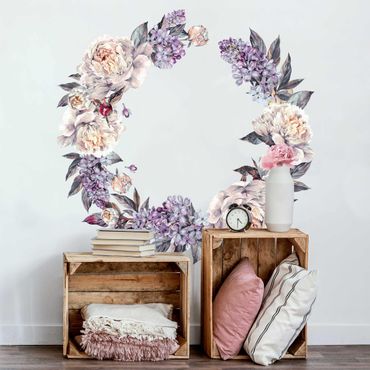 Muurstickers Watercolour Lilac Peonies Wreath XXL