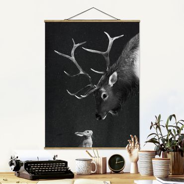 Stoffen schilderij met posterlijst Illustration Deer And Rabbit Black And White Drawing