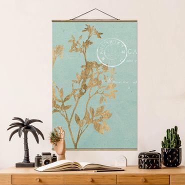 Stoffen schilderij met posterlijst Golden Leaves On Turquoise I