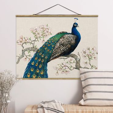 Stoffen schilderij met posterlijst Vintage Peacock With Cherry Blossoms