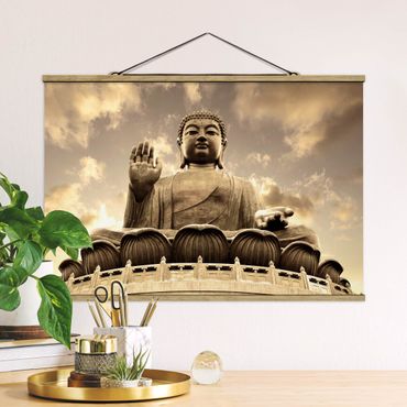 Stoffen schilderij met posterlijst Big Buddha Sepia