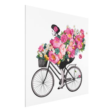 Forex schilderijen Illustration Woman On Bicycle Collage Colourful Flowers