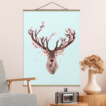 Stoffen schilderij met posterlijst Deer With Cherry Blossoms