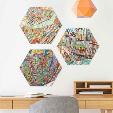 Hexagons Aluminium Dibond schilderijen - 3-delig Modern Maps Boston - Montreal - St. Louis