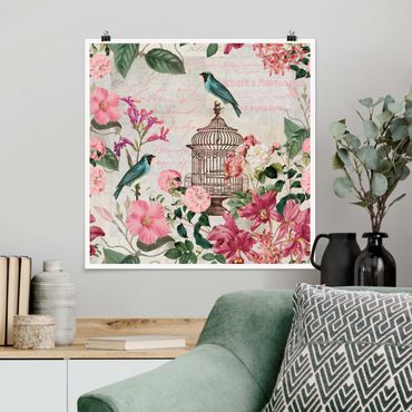 Posters Shabby Chic Collage - Pink Flowers And Blue Birds