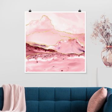 Posters Abstract Mountains Pink With Golden Lines