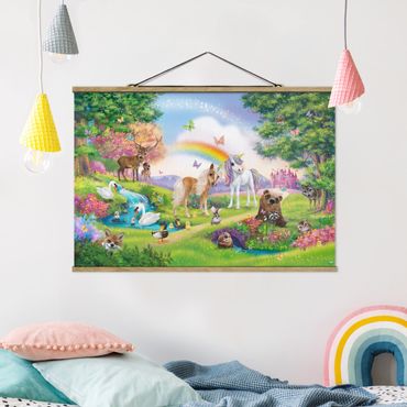 Stoffen schilderij met posterlijst Enchanted Forest With Unicorn