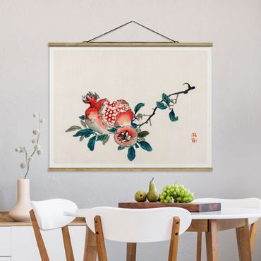 Stoffen schilderij met posterlijst Asian Vintage Drawing Pomegranate