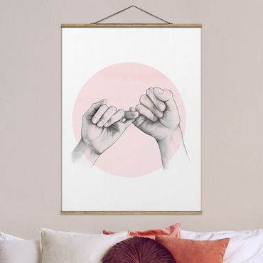 Stoffen schilderij met posterlijst Illustration Hands Friendship Circle Pink White