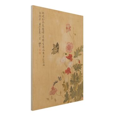 Houten schilderijen Yuanyu Ma - Poppy Flower And Butterfly