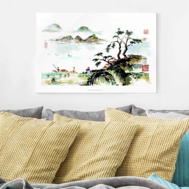 Glasschilderijen Japanese Watercolour Drawing Lake And Mountains
