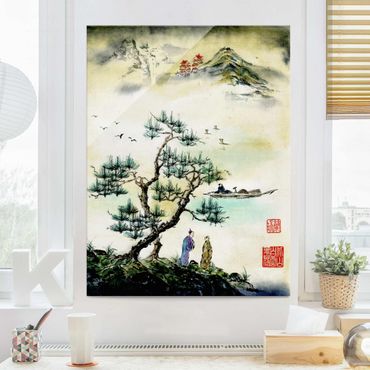 Glasschilderijen Japanese Watercolour Drawing Pine And Mountain Village