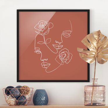 Ingelijste posters Line Art Faces Women Roses Copper