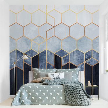 Patroonbehang Golden Hexagons Blue White