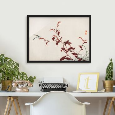 Ingelijste posters Asian Vintage Drawing Red Branch With Dragonfly
