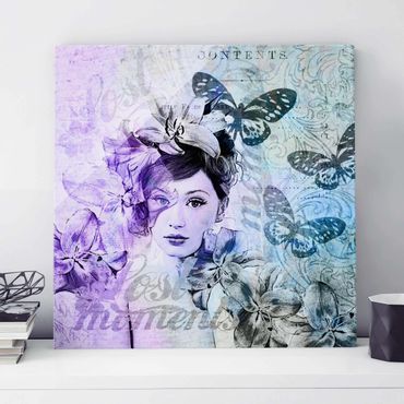 Glasschilderijen Shabby Chic Collage - Portrait With Butterflies