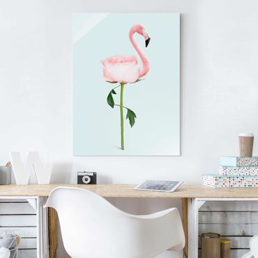 Glasschilderijen Flamingo With Rose