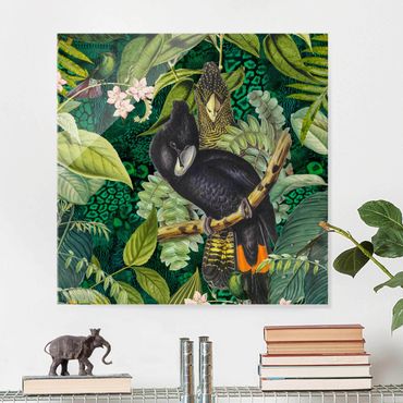 Glasschilderijen Colourful Collage - Cockatoos In The Jungle