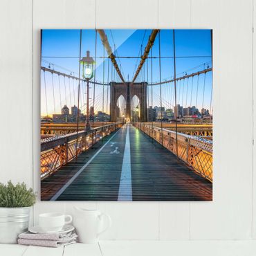 Glasschilderijen Dawn On The Brooklyn Bridge