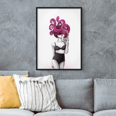 Ingelijste posters Illustration Woman In Underwear Black And White Octopus