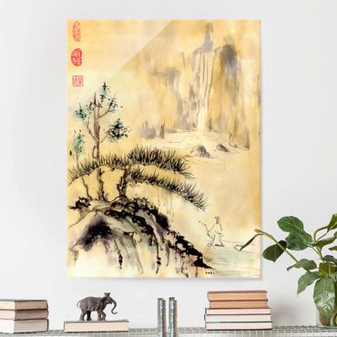 Glasschilderijen Japanese Watercolour Drawing Cedars And Mountains