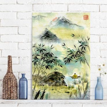 Glasschilderijen Japanese Watercolour Drawing Bamboo Forest